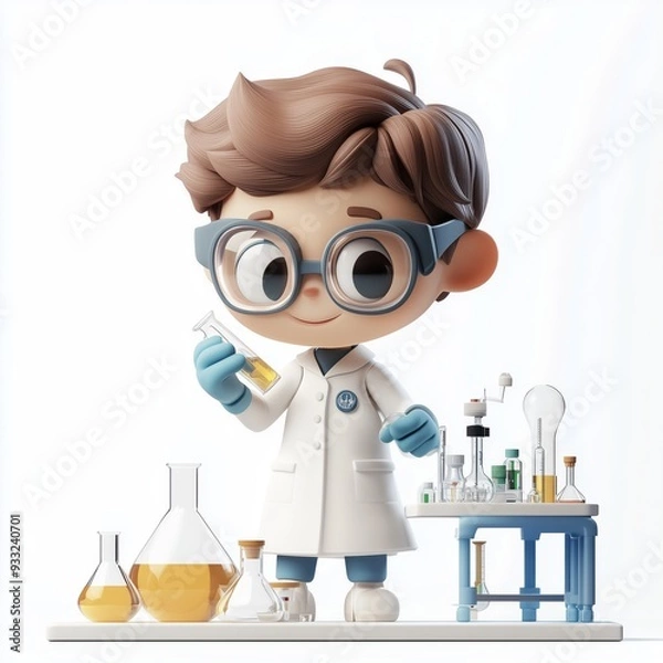 Fototapeta A chibi scientist working with lab equipment, wearing glasses and a lab coat. Perfect for science or educational-themed designs.