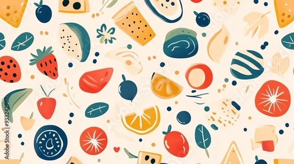 Fototapeta Abstract pattern of assorted foods with a playful design on a light background