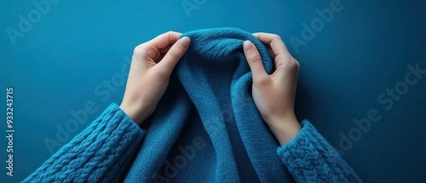 Fototapeta Hands gently hold a cozy blue sweater, showcasing softness and warmth against a calming backdrop.