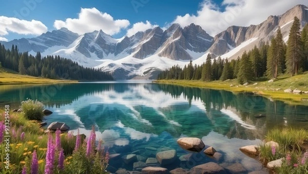 Fototapeta Majestic mountains towering over a crystal-clear lake, their snow-capped peaks reflected perfectly in the still water, surrounded by lush pine forests and wildflowers.
