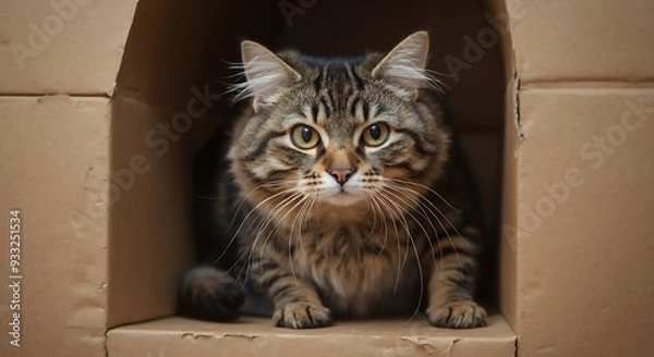 Fototapeta Cute animal wallpaper collection, Box dweller: Curious tabby cat peeking out from a cardboard box, showcasing typical feline behavior