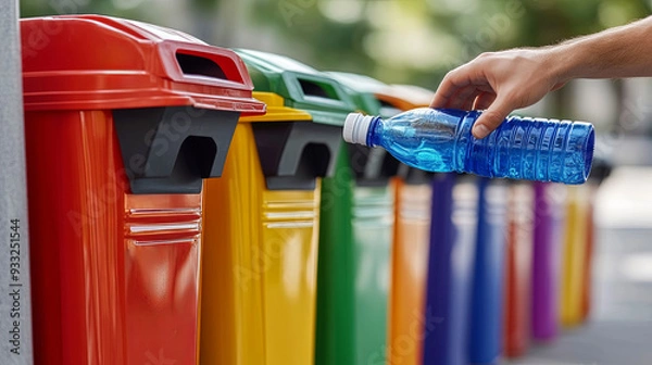 Fototapeta A person recycling a plastic bottle in colorful bins on a sunny day in a city park