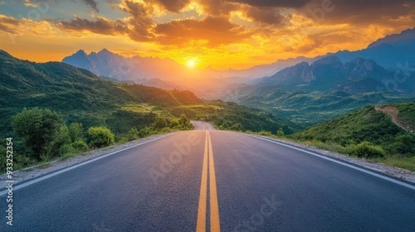 Fototapeta Highway road with beautiful mountain landscape at sunset, golden hour light. Generative AI