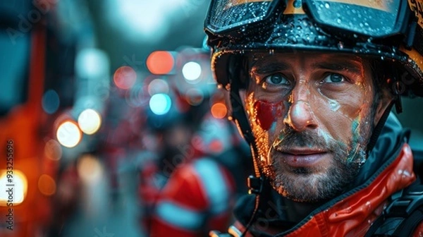 Fototapeta A man in futuristic gear with blue eyes and a gas mask stands amidst blurred lights and three red vehicles, hinting at a intense futuristic battle scene.
