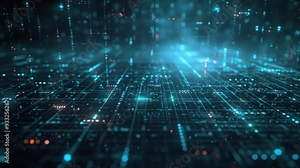 Fototapeta Futuristic digital network, abstract technology background with glowing blue lines and data streams, 3D illustration.