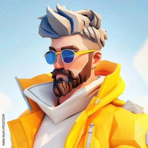 Obraz A stylized lowpoly 3D game character features a man in a vibrant yellow jacket and sleek sunglasses.