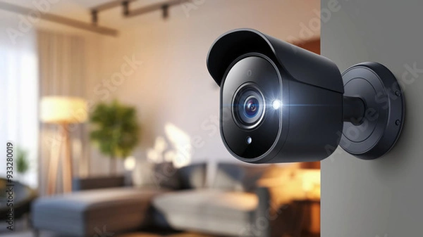 Fototapeta A close-up view of a modern home security camera monitoring vigilantly the camera is mounted on a wall and has a sleek, black design