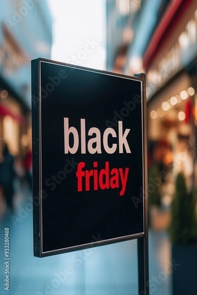 Fototapeta A bold Black Friday signboard displayed on a bright urban street, capturing the vibrant energy of the holiday shopping season.