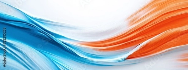 Fototapeta  An abstract painting in orange and blue hues on a white and blue backdrop, featuring a central red and white stripe