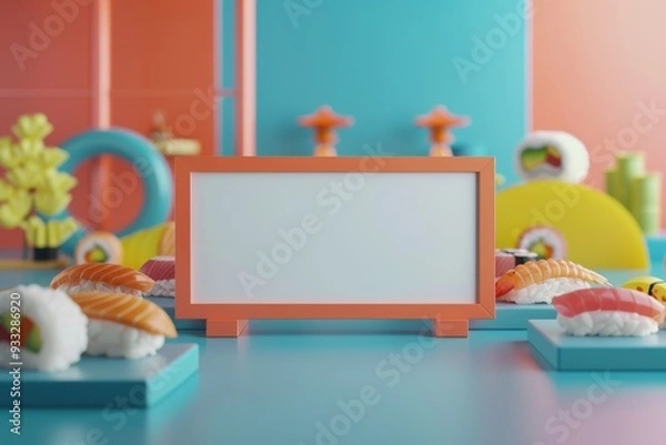 Fototapeta A white board with a picture of sushi on it