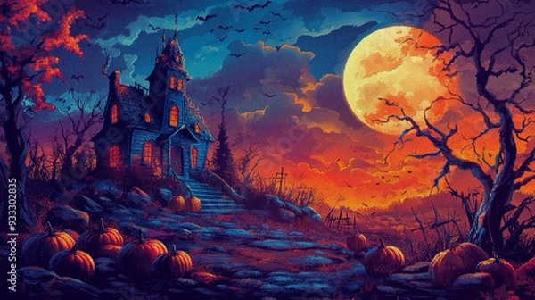 Fototapeta Eerie Halloween Background Featuring a Sinister Haunted House Beneath a Full Moon, Surrounded by a Cluster of Glowing Pumpkins. With the effect of machine embroidery
