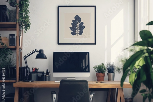 Fototapeta mockup mid-century hanging a framed print in a small business office with modern minimalist interior 
