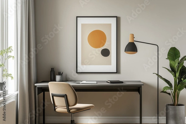 Obraz mockup mid-century hanging a framed print in a small business office with modern minimalist interior 