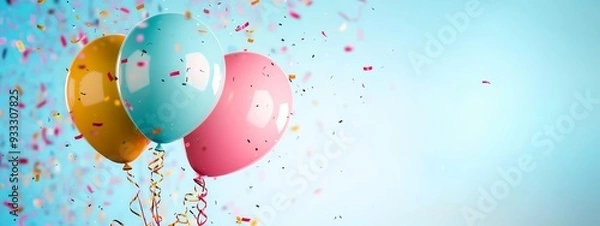 Fototapeta  A blue backdrop features a cluster of balloons with attached streamers and confetti