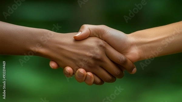 Fototapeta A handshake signifies agreement and connection between two individuals in a natural outdoor setting.