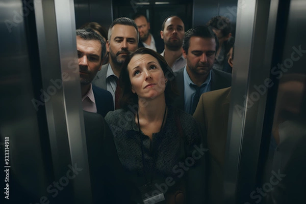 Fototapeta Random people tired, cramped, uncomfortable stand in a dense crowd in the elevator of an office building going up to different floors on weekdays