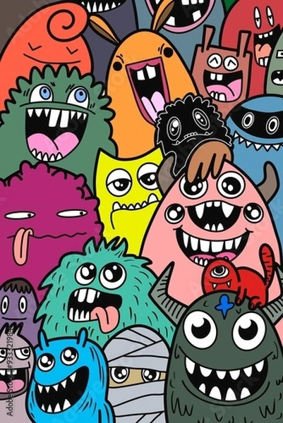 Fototapeta Hand-drawn illustrations, monsters doodle, Hand Drawn cartoon monster illustration,Cartoon crowd doodle hand-drawn Doodle style.