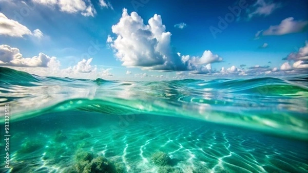 Fototapeta Underwater view showcasing the ocean floor with sunlight filtering through the water, blending into the sky above