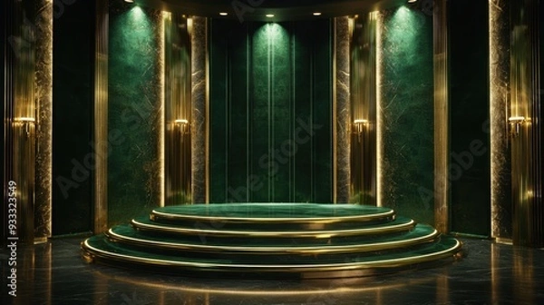 Obraz Emerald Velvet and Gold Trim Podium, a luxurious stage design featuring rich green surfaces and elegant golden accents, enhanced by warm lighting to evoke grandeur and sophistication.