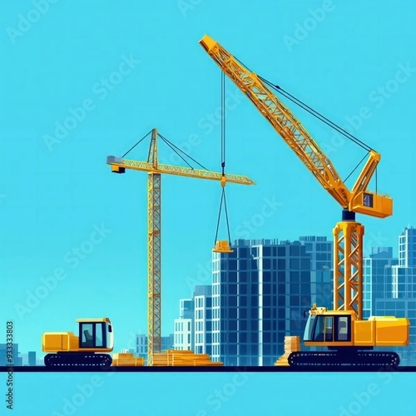 Fototapeta Construction industry growth, expanding urban development projects, flat design illustration