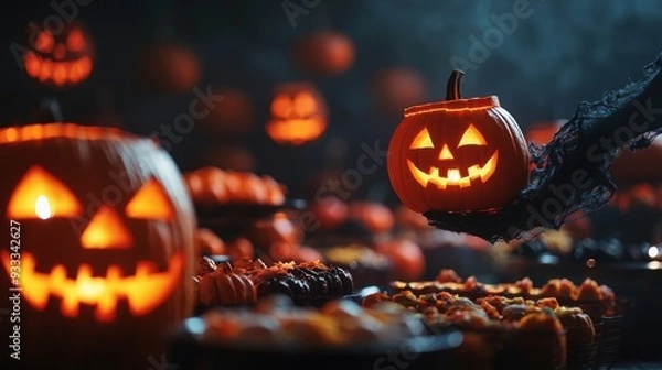 Fototapeta Spooky Halloween Party Atmosphere with Glowing Pumpkin Lanterns and Colorful Treats, Copy Space for Text, Selective Focus, Ultra HD