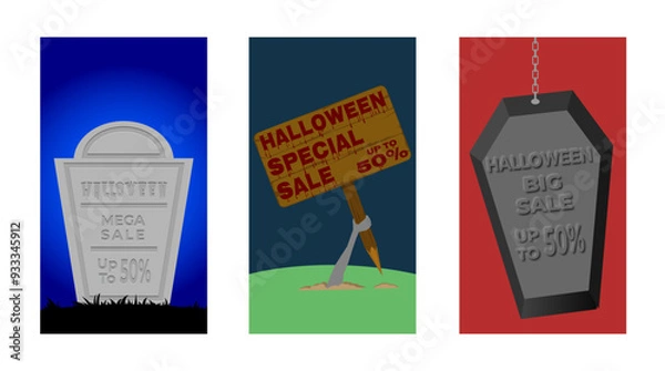 Fototapeta Halloween Sale Poster Set. Halloween Sale with Debossed Text on Tombstone, Zombie Hand with Wooden Sign and Coffin with Embossed Text