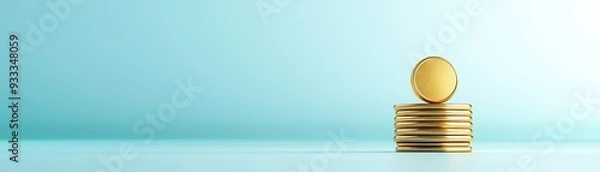 Fototapeta A stack of golden coins representing wealth, savings, and financial growth on a smooth blue background.