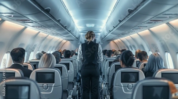 Fototapeta A flight attendant walks down the aisle of a plane with passengers seated