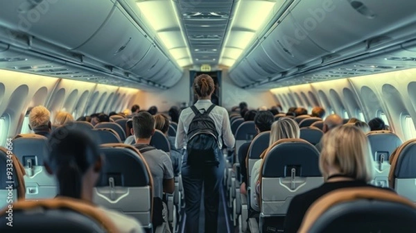 Fototapeta A woman in a uniform walks down the aisle of a plane with many passengers