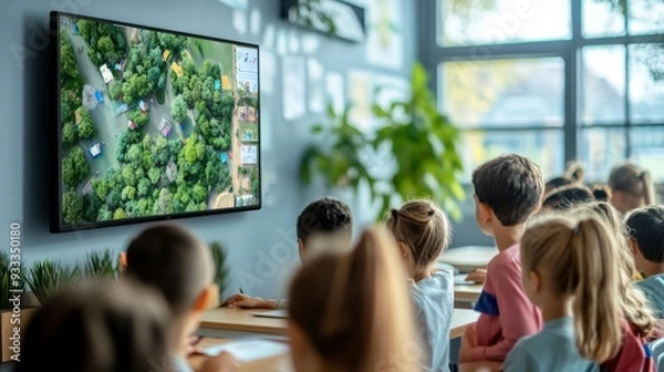 Fototapeta A group of children are sitting in a classroom and watching a television screen