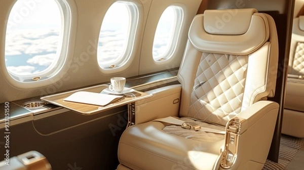 Fototapeta A white airplane seat with a tray table and a cup on it