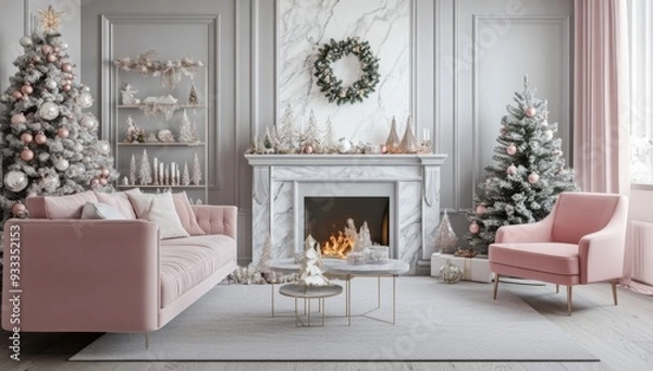 Fototapeta White and gray living room with pink sofa, fireplace decorated for Christmas 