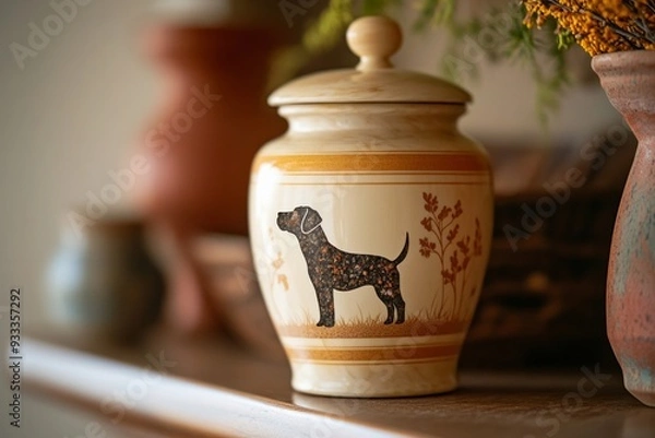 Fototapeta Beige ceramic urn with pet ashes with dog silhouette on it standing on wooden shelf, flowers on the background. Copy space. Funeral concept. Final resting place for a departed soul.