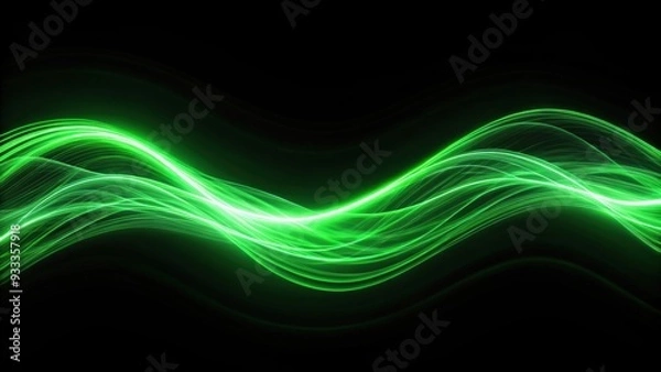 Fototapeta Neon green light waves on black background , vibrant, dynamic, abstract, futuristic, energy, illumination, glowing, technology