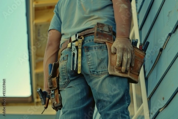 Fototapeta A person standing on a ladder holding a tool belt, useful for DIY projects or handyman scenes