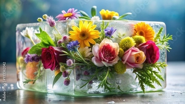 Obraz Ice-cube bouquet with colorful flowers and greenery, ice, cube, bouquet, flowers, greenery, cold, refreshing