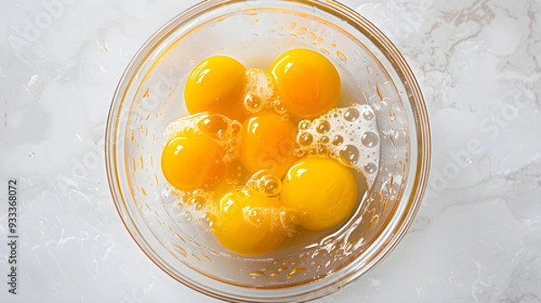 Fototapeta egg yolk in a glass bowl, A clear glass bowl with several bright yellow egg yolks floating in egg whites