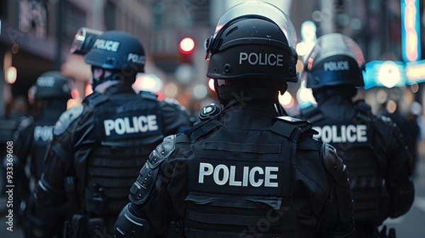 Obraz 
A group of police officers in full gear standing in formation during a public event or duty