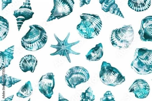 Fototapeta A collection of colorful sea shells arranged neatly on a clean white background