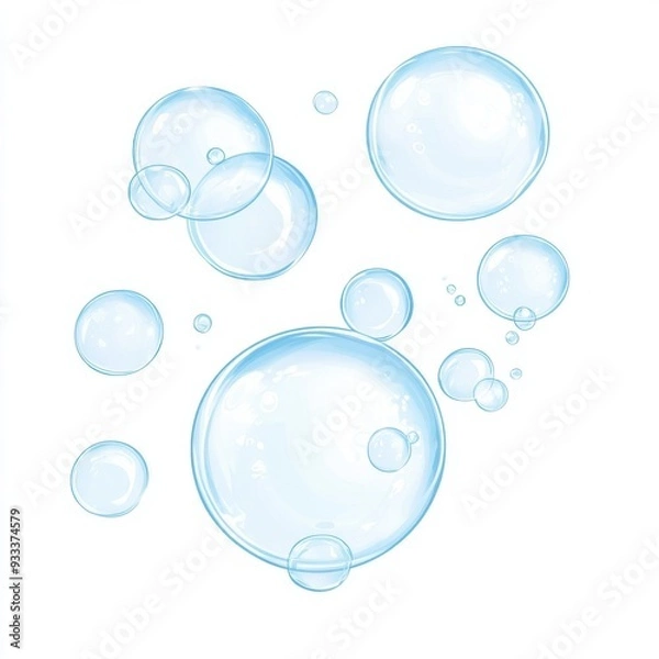 Fototapeta A whimsical collection of floating blue bubbles on a white background.