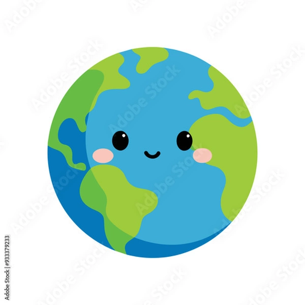 Fototapeta Happy earth planet icon with cute smiling face. Vector cartoon illustration of globe.