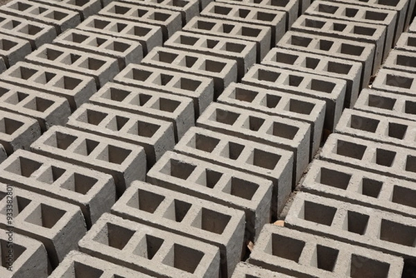 Obraz Rangées de parpaings creux gris en ciment, formés de trois alvéoles, et séchant sur le sol. Matériaux de construction constitués de blocs alignés formant une surface rugueuse. Photo prise au Sénégal.