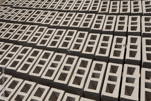 Obraz Rangées de parpaings creux gris en ciment, formés de trois alvéoles, et séchant sur le sol. Matériaux de construction constitués de blocs alignés formant une surface rugueuse. Photo prise au Sénégal.