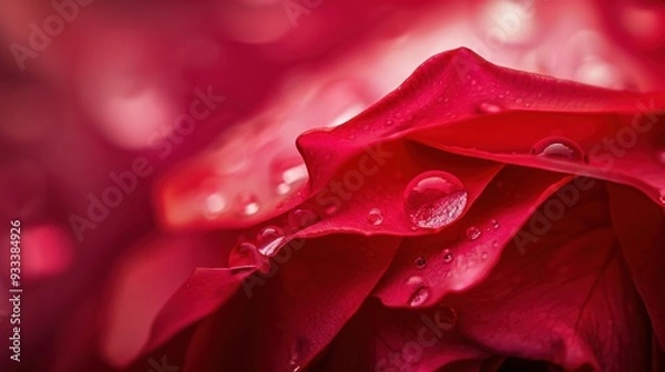 Obraz A close-up of a red rose petal with a single dew drop, capturing its delicate beauty