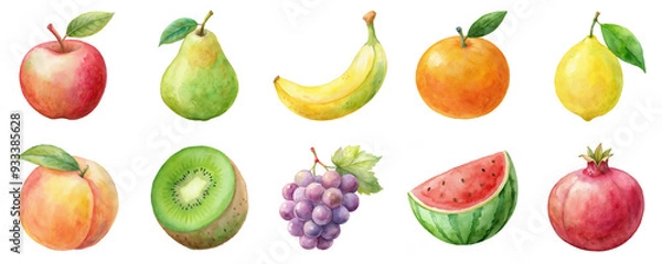 Fototapeta Fresh fruits in watercolor illustration set. Each product in pastel colors and isolated on transparent background.