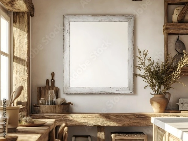 Fototapeta A 3D rendered mockup of a white frame backdrop set against the warm,inviting atmosphere of a rustic farmhouse-style kitchen. The weathered wooden accents and nature-inspired print create a cozy.