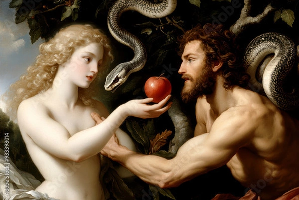 Fototapeta Adam and Eve in the Garden of Eden. AI generative.