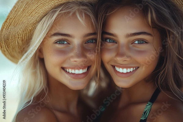 Obraz Friends Enjoying Summer Beach Day with Sun Hats