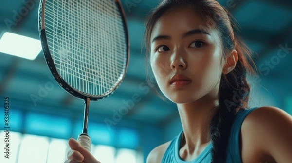 Fototapeta Focused Badminton Player with Racket