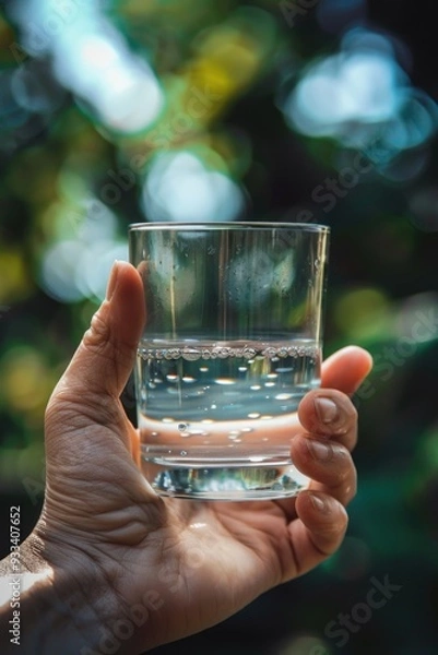 Fototapeta A person grasping a glass of water, a simple and common everyday scene